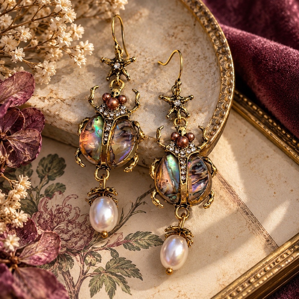 Iridescent Scarab Beetle Earrings Pearl Drop Rhinestone Boho Statement NEW